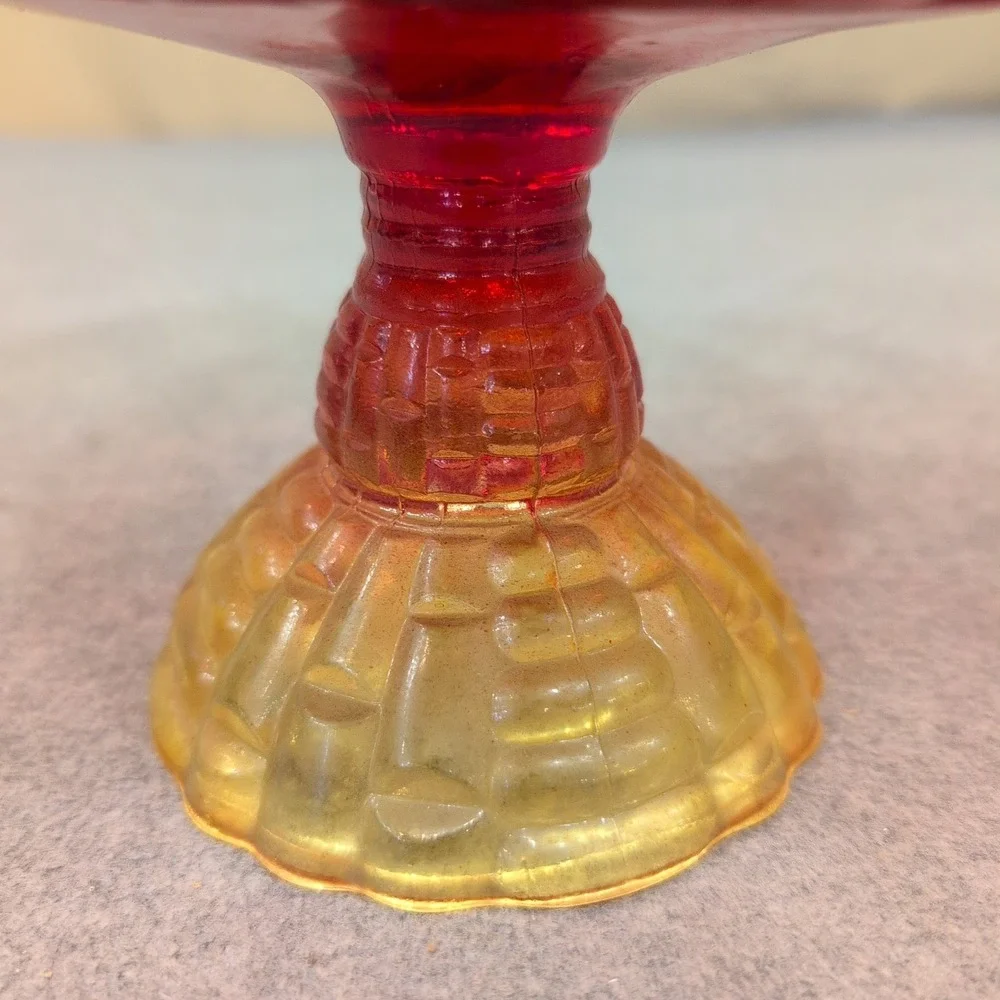 Vintage Amberina Glass Basketweave‎ Compote Footed Candy Dish Red Yellow Scallop